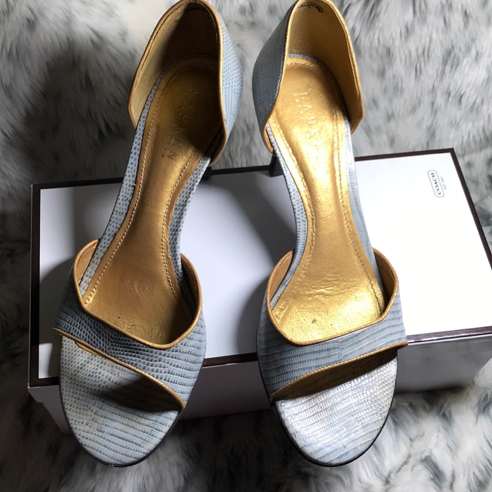 Ralph Lauren blue leather Sandals w/gold, size 9.5